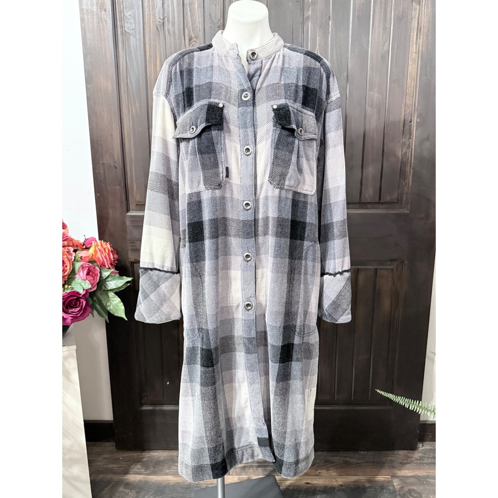 We The Free Free People Plaid Maxi Shirt Jacket Grey Black Large Long Shacket - Picture 1 of 7
